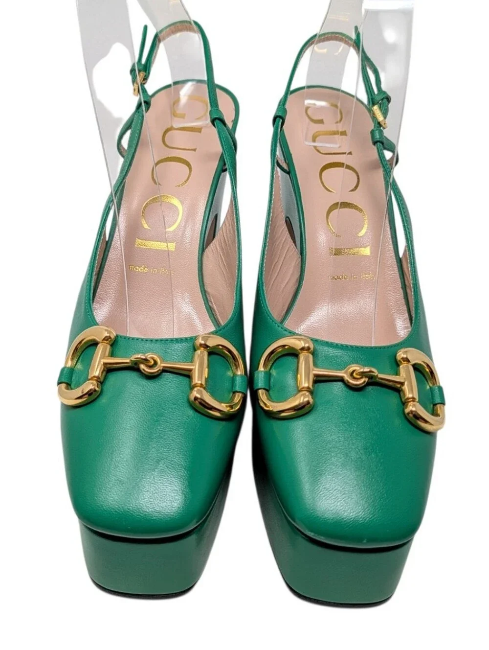 NEW Gucci Green Horsebit Platform Slingback Chunky Block Heel Pumps Size EU 39.5